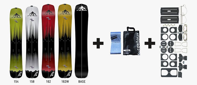Pack completo para la práctica del splitboard compuesto por tabla Mendiboard modelo Gandor, pieles Contour y Kit Universal de Voile